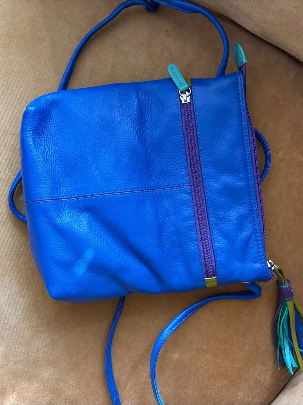 ILI NEW YORK colorful LEATHER crossbody bag POCKETS 80s colors! Blue teal purple - Picture 7 of 10